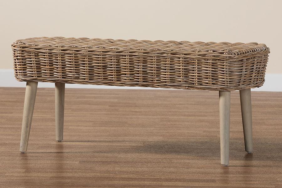 bali & pari Raisa Modern Bohemian Natural Kubu Rattan and Grey Acacia Wood Accent Bench FredCo