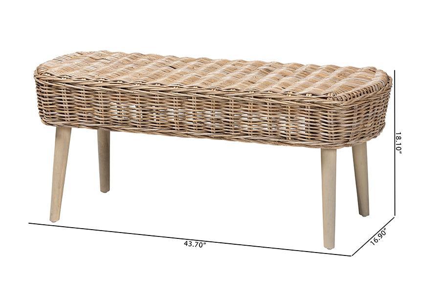 bali & pari Raisa Modern Bohemian Natural Kubu Rattan and Grey Acacia Wood Accent Bench FredCo