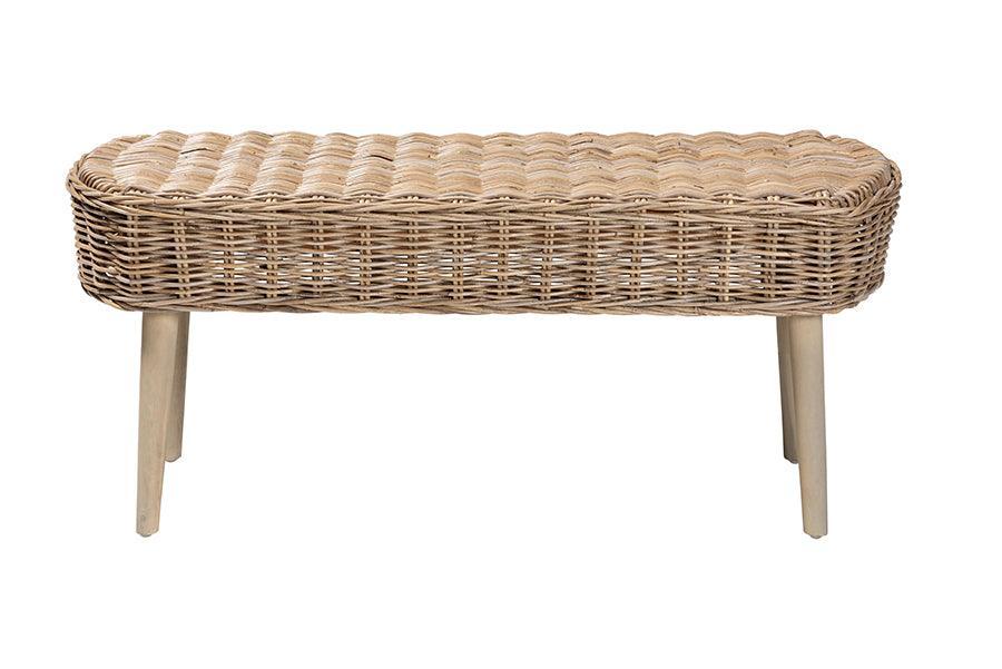 bali & pari Raisa Modern Bohemian Natural Kubu Rattan and Grey Acacia Wood Accent Bench FredCo