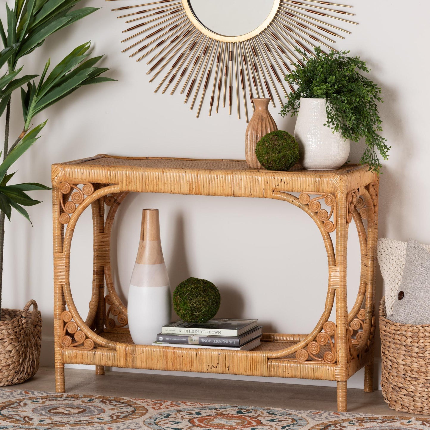 bali & pari Ramona Modern Bohemian Light Honey Rattan Console Table FredCo