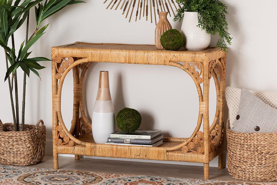 bali & pari Ramona Modern Bohemian Light Honey Rattan Console Table FredCo