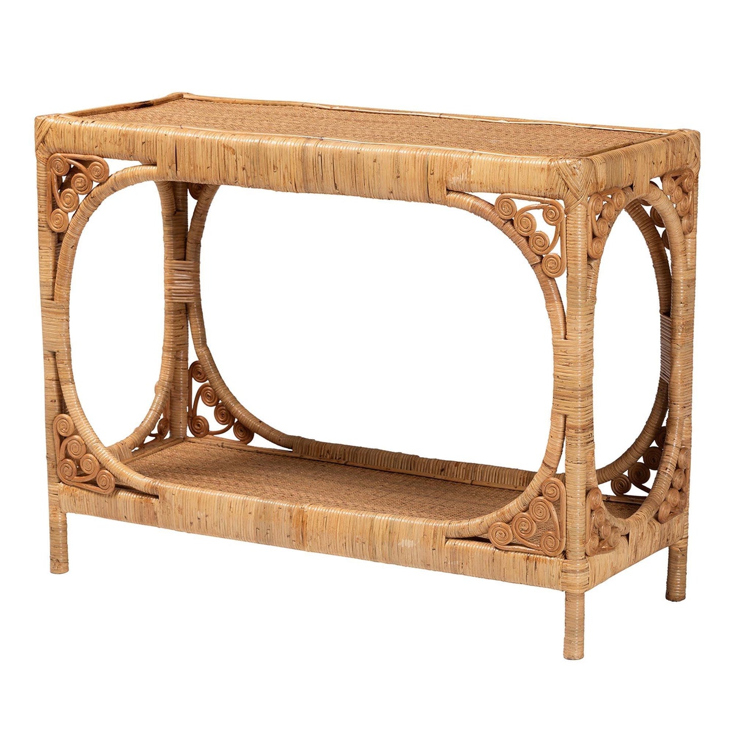 bali & pari Ramona Modern Bohemian Light Honey Rattan Console Table FredCo