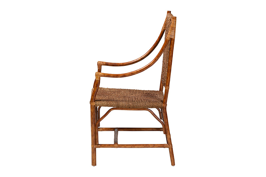 Side view of a woven rattan dining chair with wood frame, FredCo International furniture