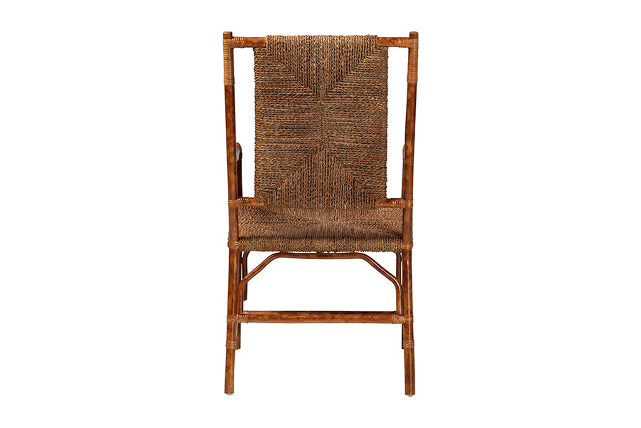Rustic woven rattan dining chair with wooden frame, perfect for home furniture decor.