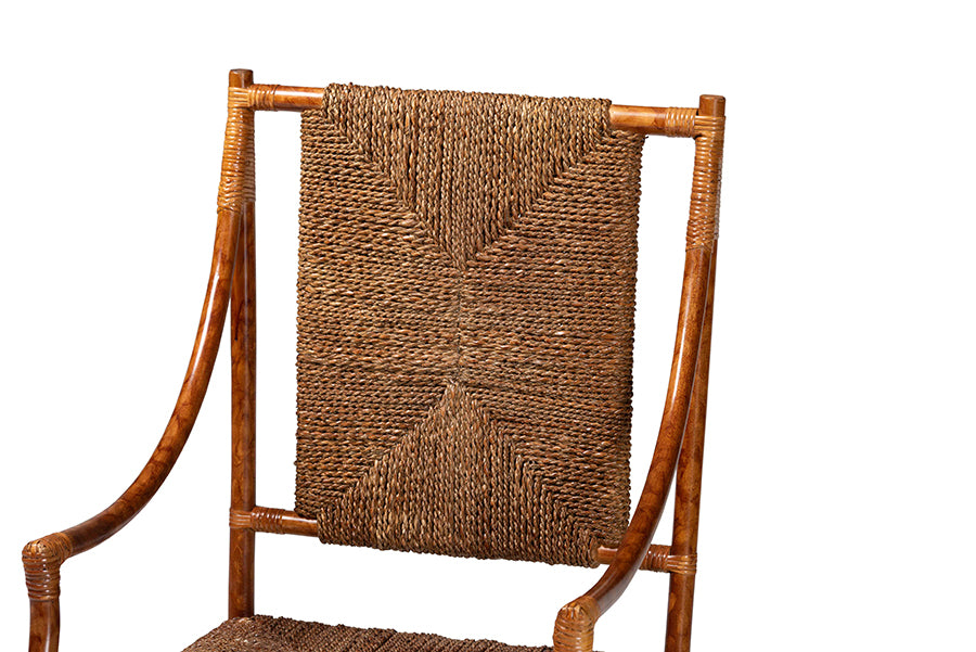 Handwoven rattan armchair with natural wood frame, modern rustic home furniture