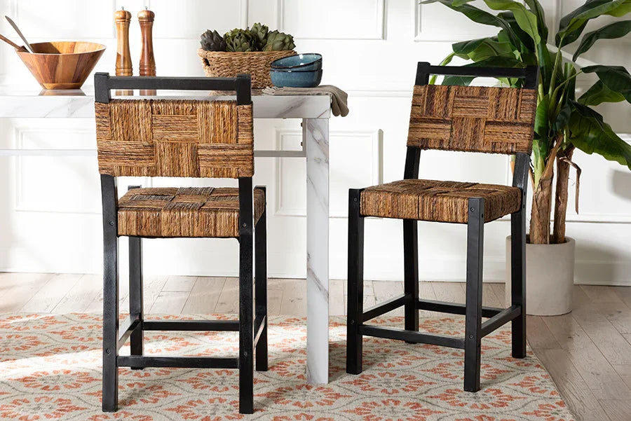 bali & pari Raniya Seagrass Counter Stool Set of 2 - Solid Mango Wood Frame with Woven Seat and Backrest, Rustic Boho Style Dining or Kitchen Island Seating, Black FredCo