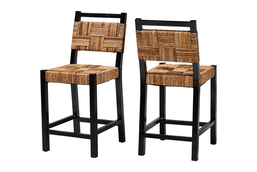 bali & pari Raniya Seagrass Counter Stool Set of 2 - Solid Mango Wood Frame with Woven Seat and Backrest, Rustic Boho Style Dining or Kitchen Island Seating, Black FredCo