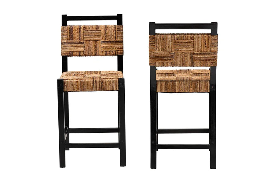 bali & pari Raniya Seagrass Counter Stool Set of 2 - Solid Mango Wood Frame with Woven Seat and Backrest, Rustic Boho Style Dining or Kitchen Island Seating, Black FredCo