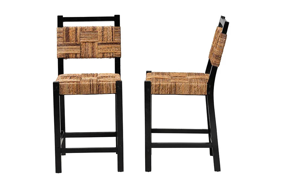 bali & pari Raniya Seagrass Counter Stool Set of 2 - Solid Mango Wood Frame with Woven Seat and Backrest, Rustic Boho Style Dining or Kitchen Island Seating, Black FredCo