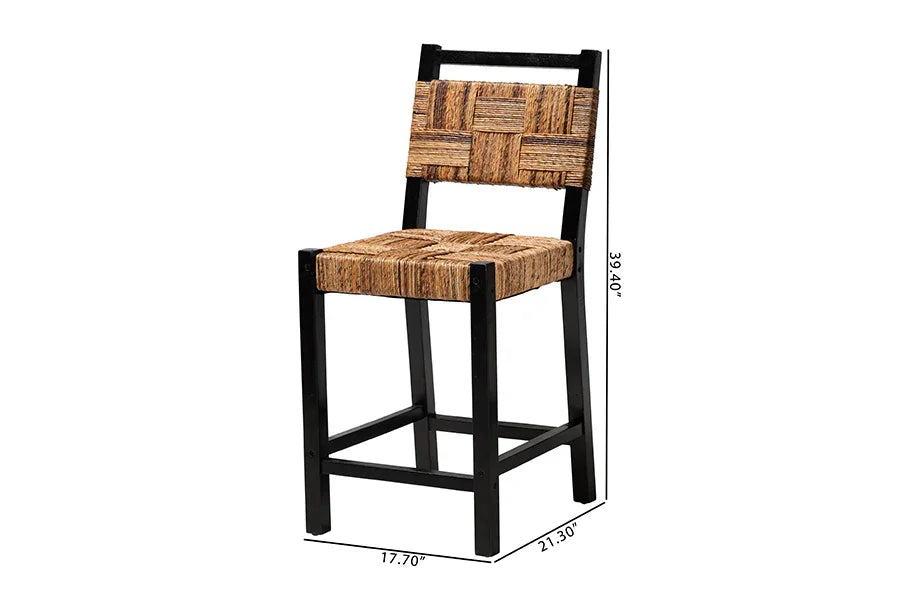 bali & pari Raniya Seagrass Counter Stool Set of 2 - Solid Mango Wood Frame with Woven Seat and Backrest, Rustic Boho Style Dining or Kitchen Island Seating, Black FredCo