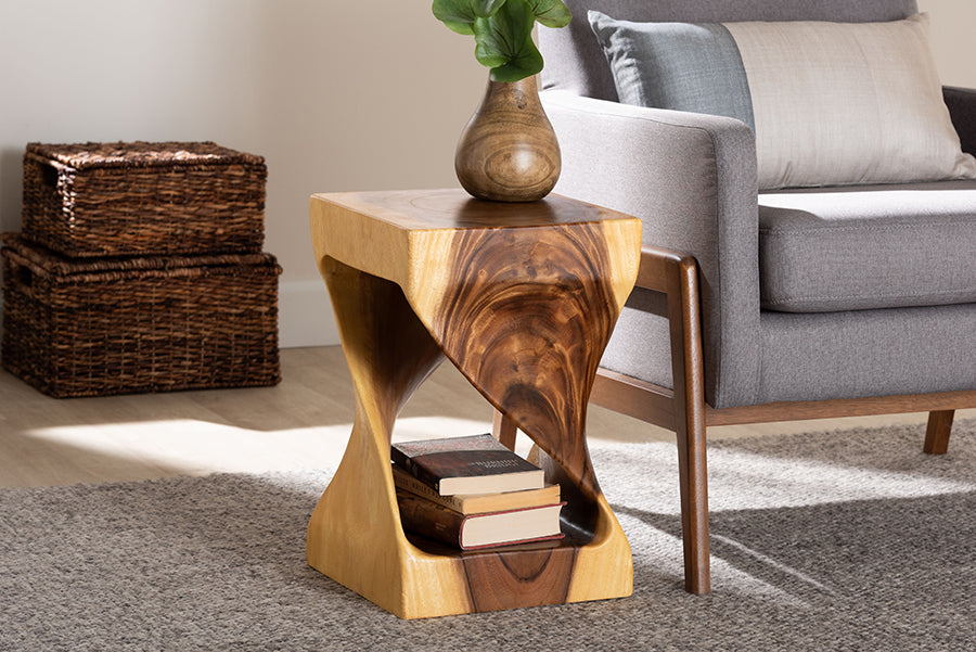 bali & pari Rapha Hand-carved Suar Wood Side Table with Shelf - Sculptural Accent Table with Twist Design, Modern Boho Style for Living Room or Bedroom FredCo