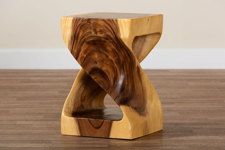 bali & pari Rapha Hand-carved Suar Wood Side Table with Shelf - Sculptural Accent Table with Twist Design, Modern Boho Style for Living Room or Bedroom FredCo