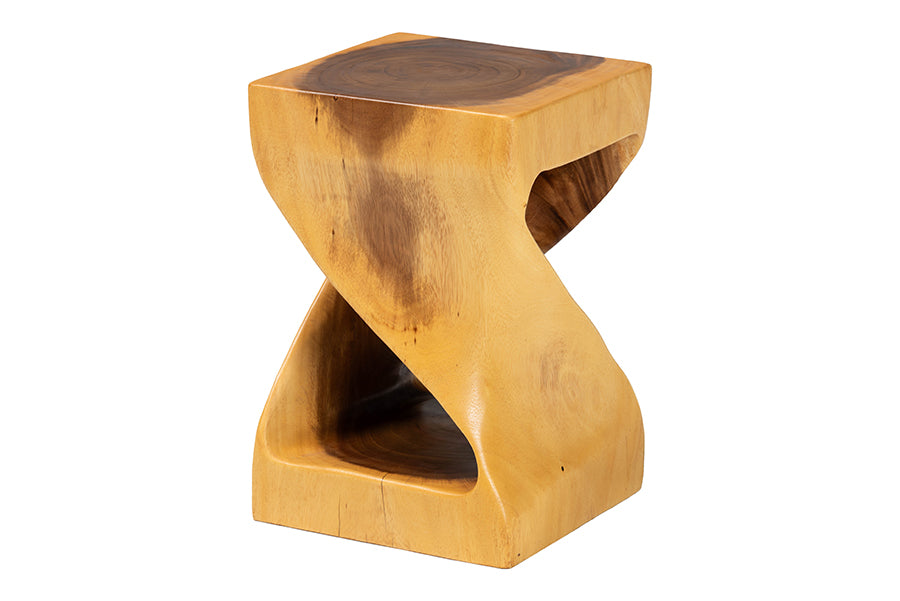 bali & pari Rapha Hand-carved Suar Wood Side Table with Shelf - Sculptural Accent Table with Twist Design, Modern Boho Style for Living Room or Bedroom FredCo