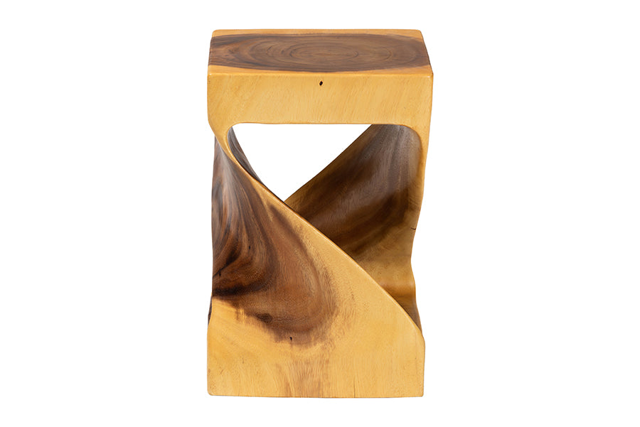 bali & pari Rapha Hand-carved Suar Wood Side Table with Shelf - Sculptural Accent Table with Twist Design, Modern Boho Style for Living Room or Bedroom FredCo
