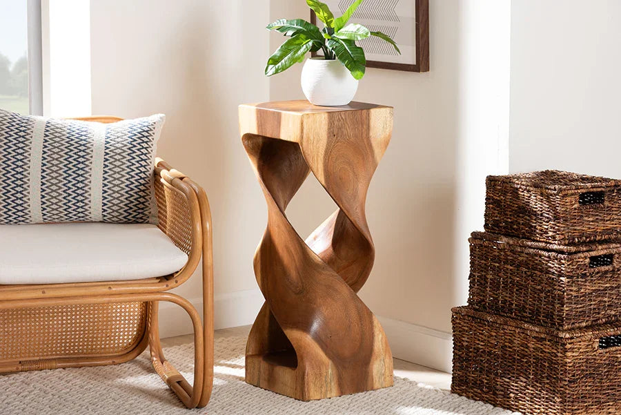 bali & pari Rapha Suar Wood Accent Table - Hand-Carved Sculptural Pedestal Stand with Twist Design, Modern Boho Side Table for Living Room or Entryway, 29.5" Tall FredCo