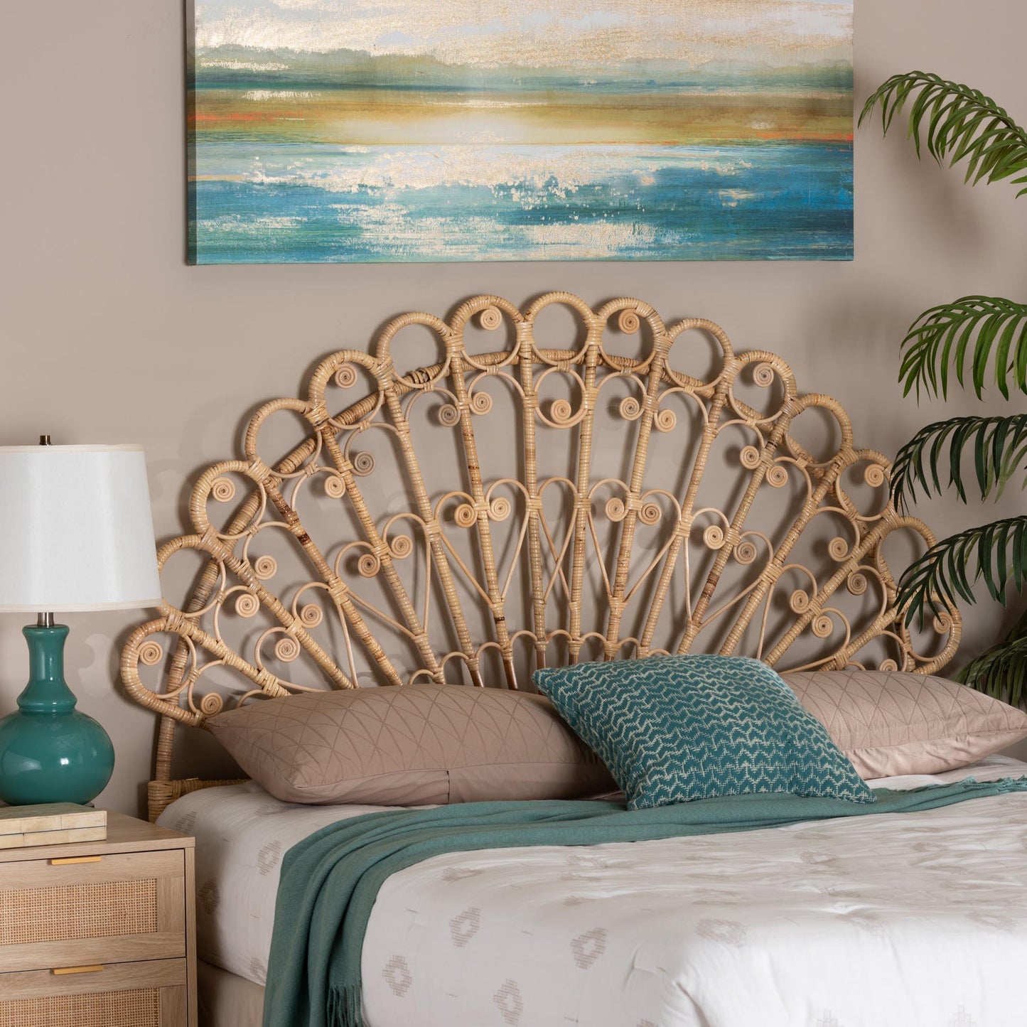 bali & pari Rasima Modern Bohemian Natural Brown Rattan Queen Size Standalone Headboard FredCo