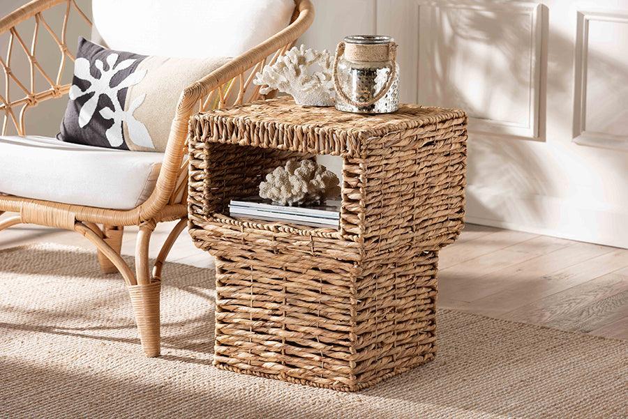 bali & pari Raziel Modern Bohemian Natural Brown Seagrass and Wood End Table FredCo