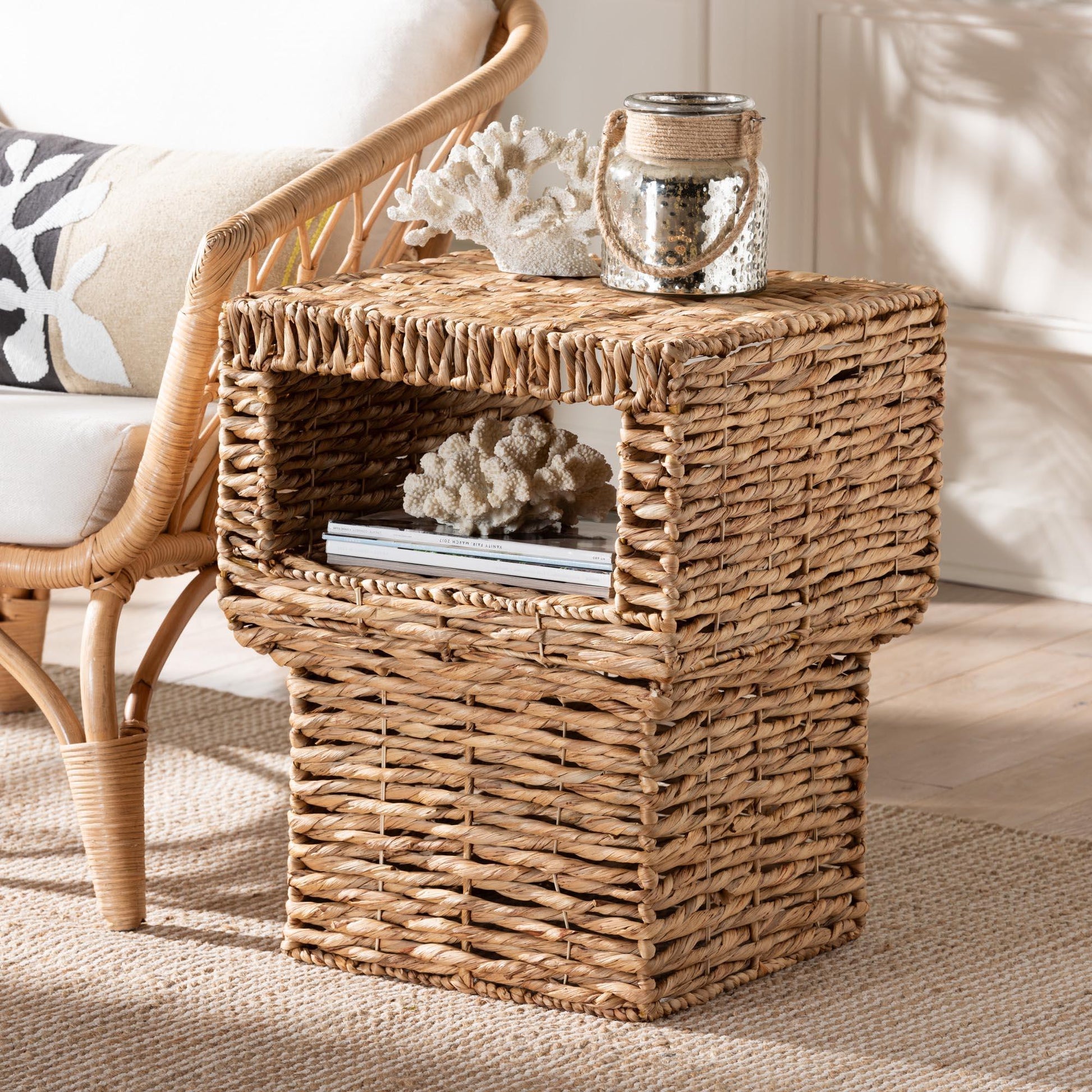 bali & pari Raziel Modern Bohemian Natural Brown Seagrass and Wood End Table FredCo