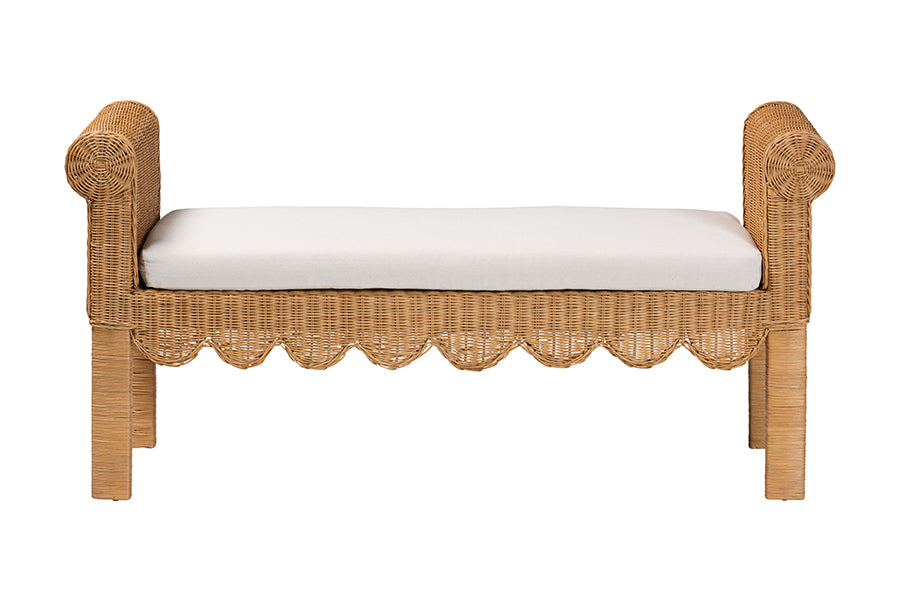 bali & pari Reiko Handwoven Natural Rattan Bench with Scalloped Detailing - Boho Farmhouse Entryway, Bedroom, or Living Room Accent Seating FredCo