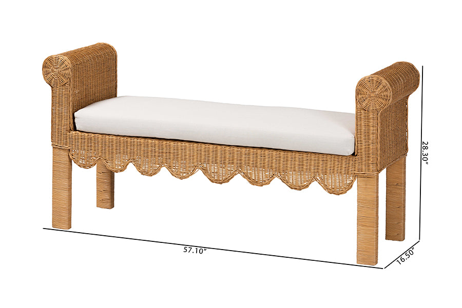 bali & pari Reiko Handwoven Natural Rattan Bench with Scalloped Detailing - Boho Farmhouse Entryway, Bedroom, or Living Room Accent Seating FredCo