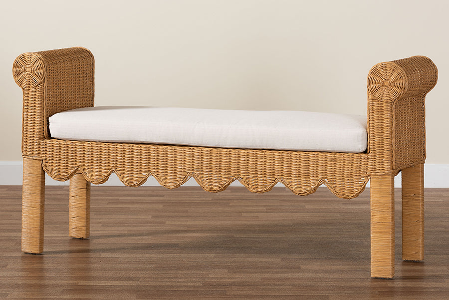 bali & pari Reiko Handwoven Natural Rattan Bench with Scalloped Detailing - Boho Farmhouse Entryway, Bedroom, or Living Room Accent Seating FredCo