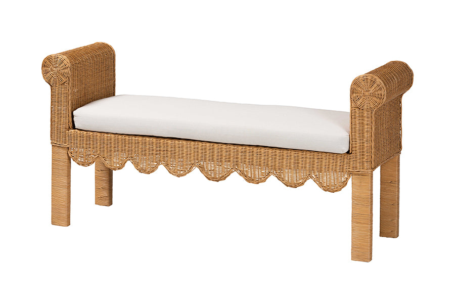 bali & pari Reiko Handwoven Natural Rattan Bench with Scalloped Detailing - Boho Farmhouse Entryway, Bedroom, or Living Room Accent Seating FredCo