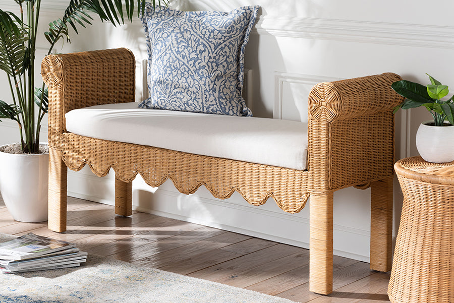 bali & pari Reiko Handwoven Natural Rattan Bench with Scalloped Detailing - Boho Farmhouse Entryway, Bedroom, or Living Room Accent Seating FredCo