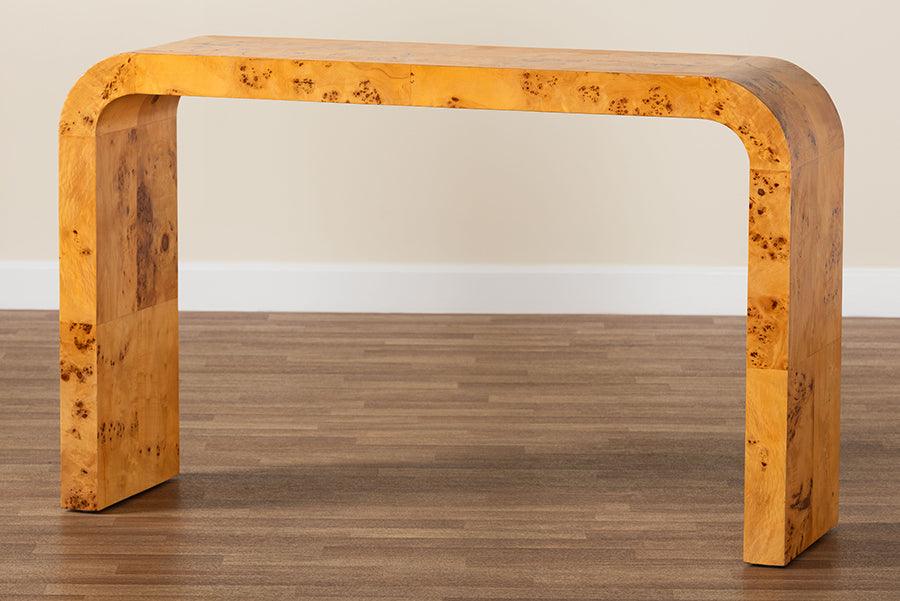 bali & pari Revelle Modern and Contemporary Natural Light Mappa Burl Wood Console Table FredCo