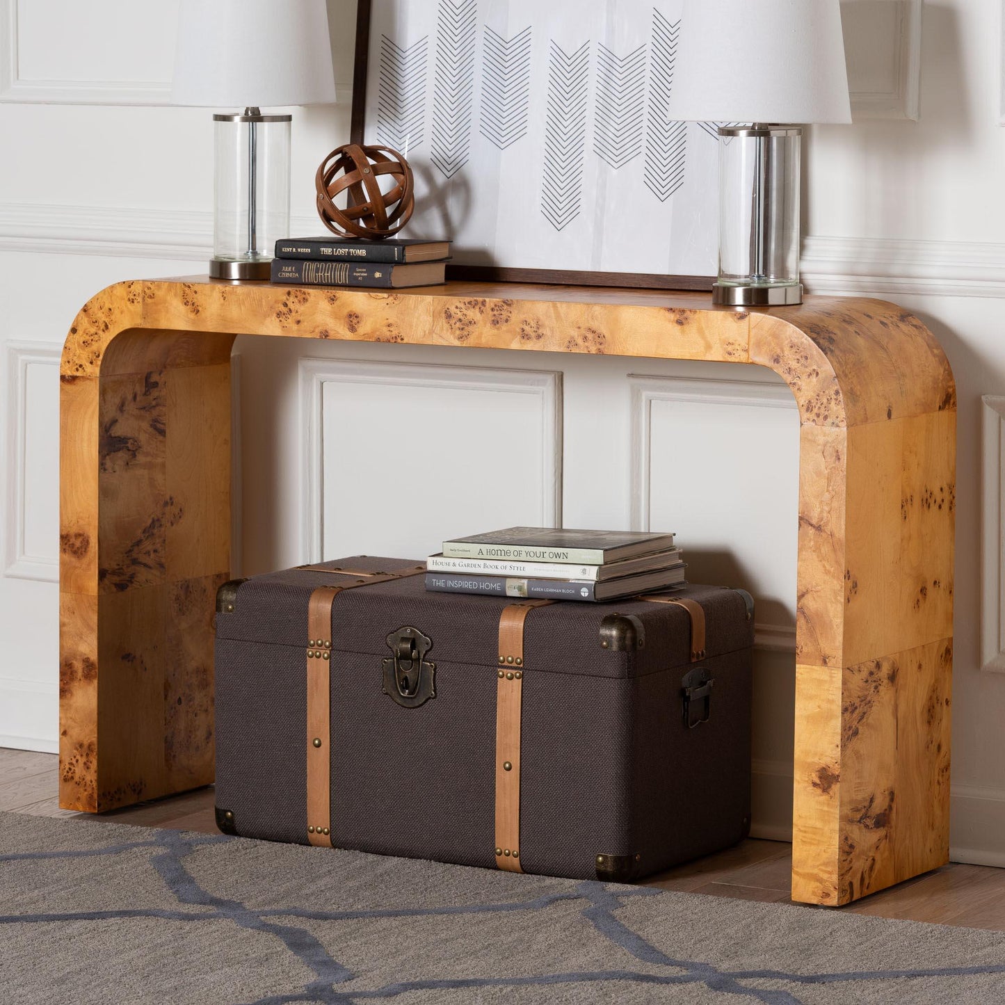 bali & pari Revelle Modern and Contemporary Natural Light Mappa Burl Wood Console Table FredCo