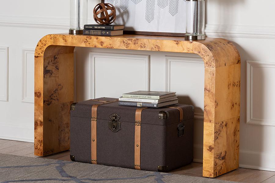 bali & pari Revelle Modern and Contemporary Natural Light Mappa Burl Wood Console Table FredCo