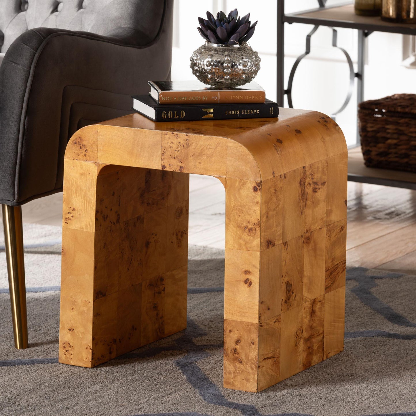 bali & pari Revelle Modern and Contemporary Natural Light Mappa Burl Wood End Table FredCo