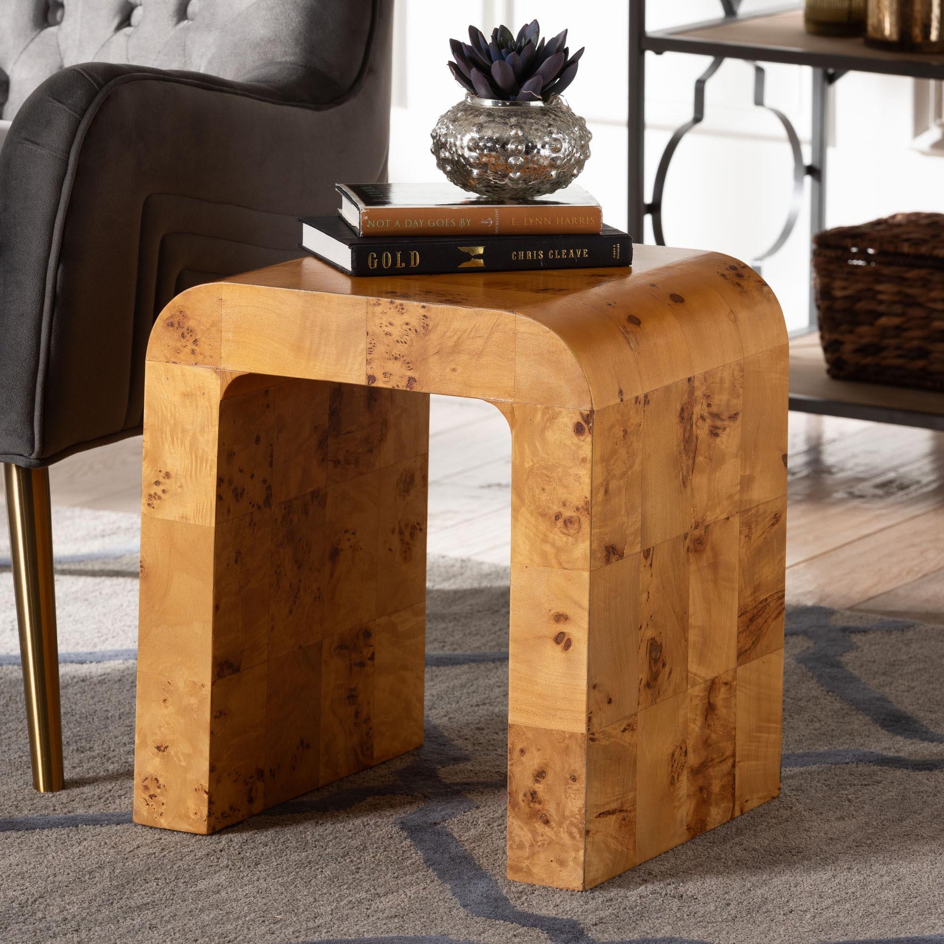 bali & pari Revelle Modern and Contemporary Natural Light Mappa Burl Wood End Table FredCo