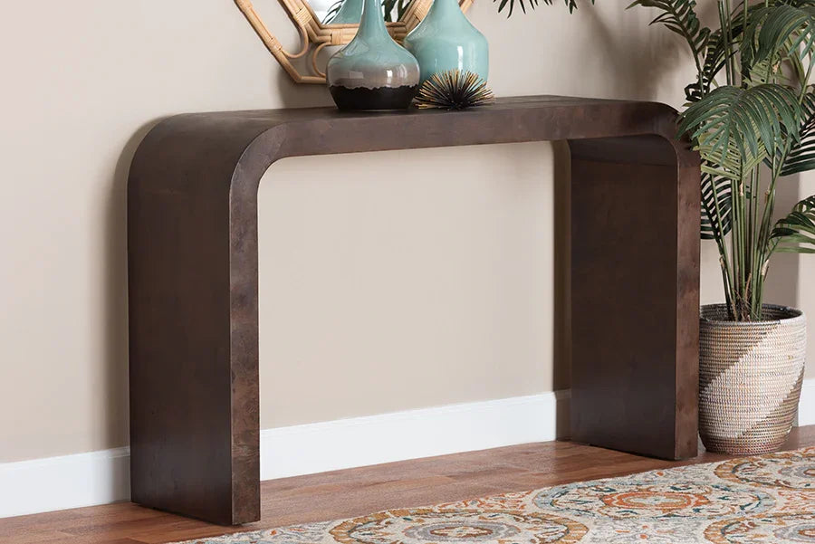 bali & pari Revelle Real Burl Wood Console Table in Dark Walnut Brown - Modern Entryway or Sofa Table with Waterfall Design and Minimalist Silhouette for Living Room or Hallway FredCo