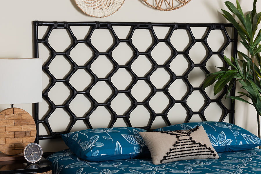 bali & pari Revonda Bohemian Black Rattan Queen Size Standalone Headboard FredCo