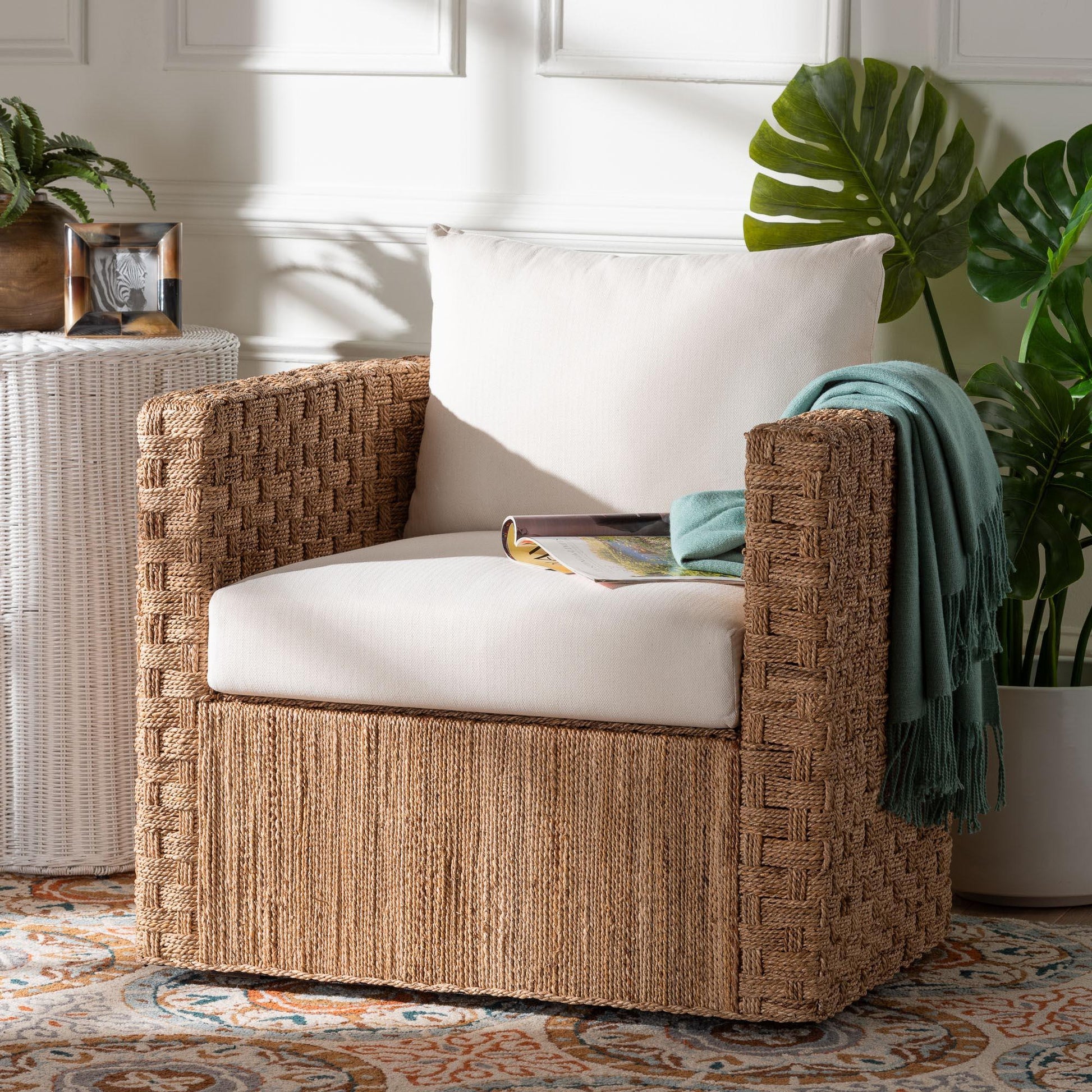 bali & pari Rhinos Bohemian Light Brown Seagrass Tuxedo Arm Chair FredCo