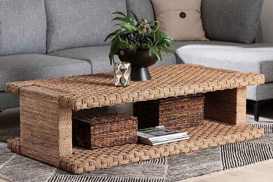 bali & pari Rhinos Handwoven Seagrass Coffee Table with Open Shelf - Rectangular Wicker Center Table for Living Room, Coastal Boho Style FredCo