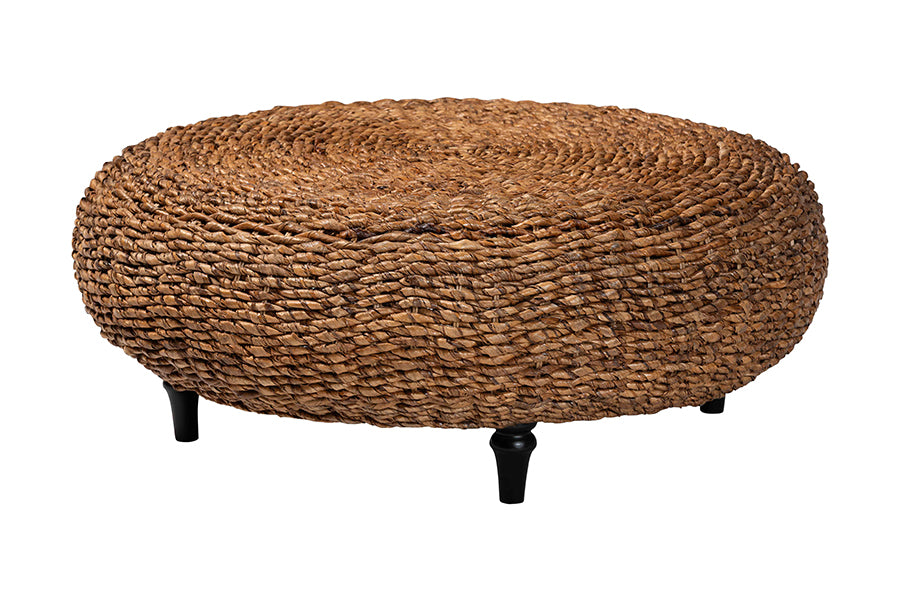 bali & pari Riau Handwoven Seagrass Coffee Table with Wooden Legs - Natural Wicker Round Living Room Table for Living Room or Bedroom Décor FredCo