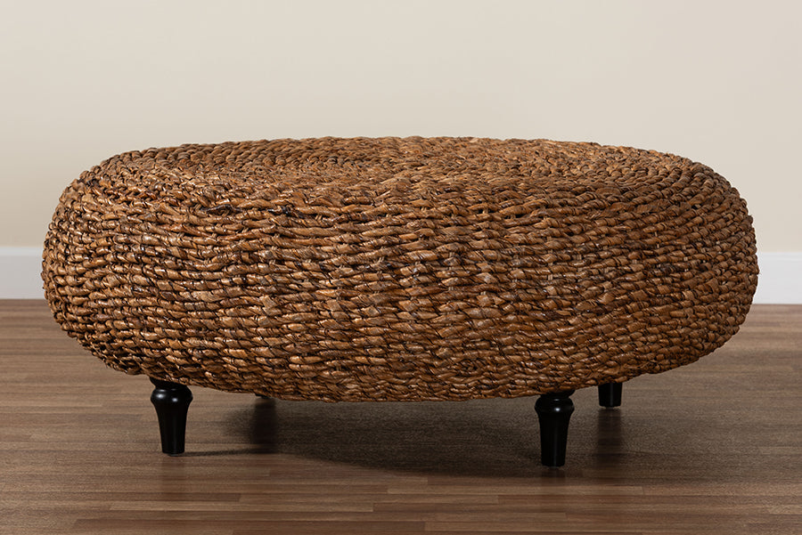 bali & pari Riau Handwoven Seagrass Coffee Table with Wooden Legs - Natural Wicker Round Living Room Table for Living Room or Bedroom Décor FredCo