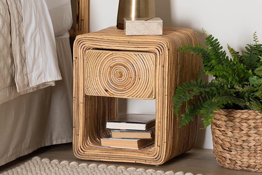bali & pari Rosina Bohemian Natural Rattan 1-Drawer Nightstand FredCo