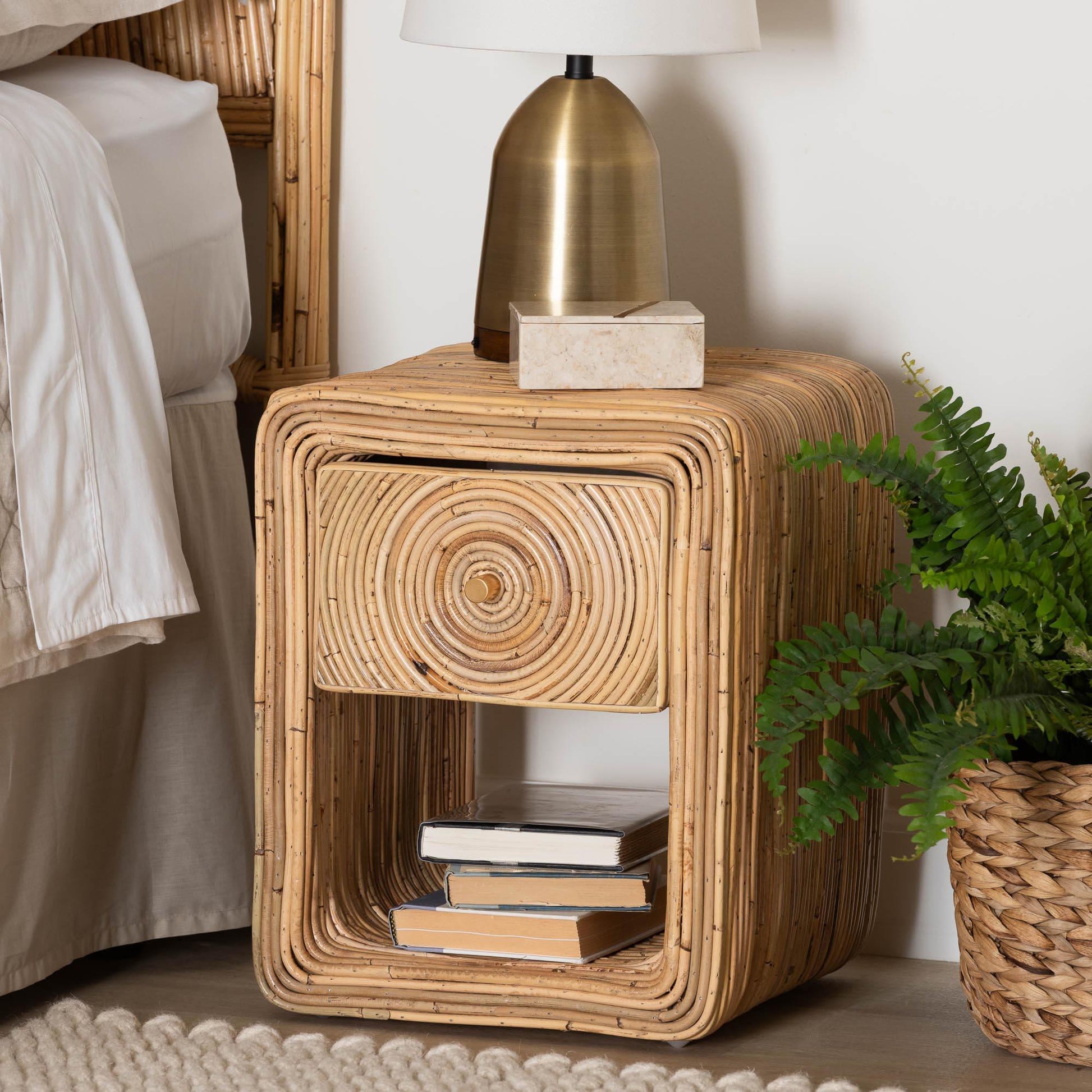 bali & pari Rosina Bohemian Natural Rattan 1-Drawer Nightstand FredCo