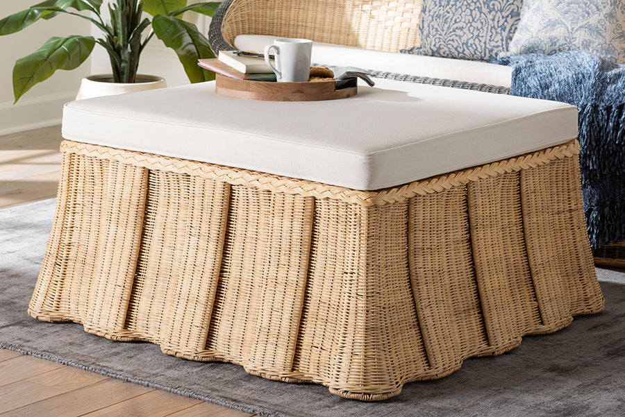 Bali & Pari Rotem Large Natural Rattan Ottoman with Cushion – Handwoven Pleated Skirt Coffee Table or Extra Seating FredCo