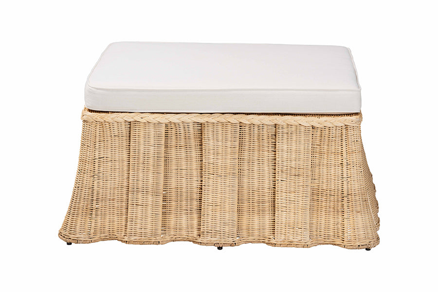 Bali & Pari Rotem Large Natural Rattan Ottoman with Cushion – Handwoven Pleated Skirt Coffee Table or Extra Seating FredCo