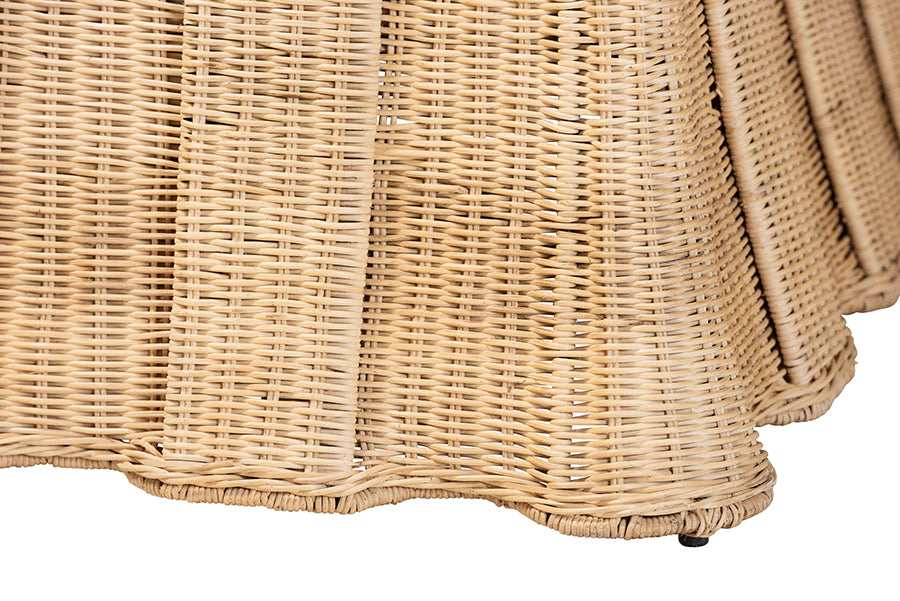 Bali & Pari Rotem Large Natural Rattan Ottoman with Cushion – Handwoven Pleated Skirt Coffee Table or Extra Seating FredCo