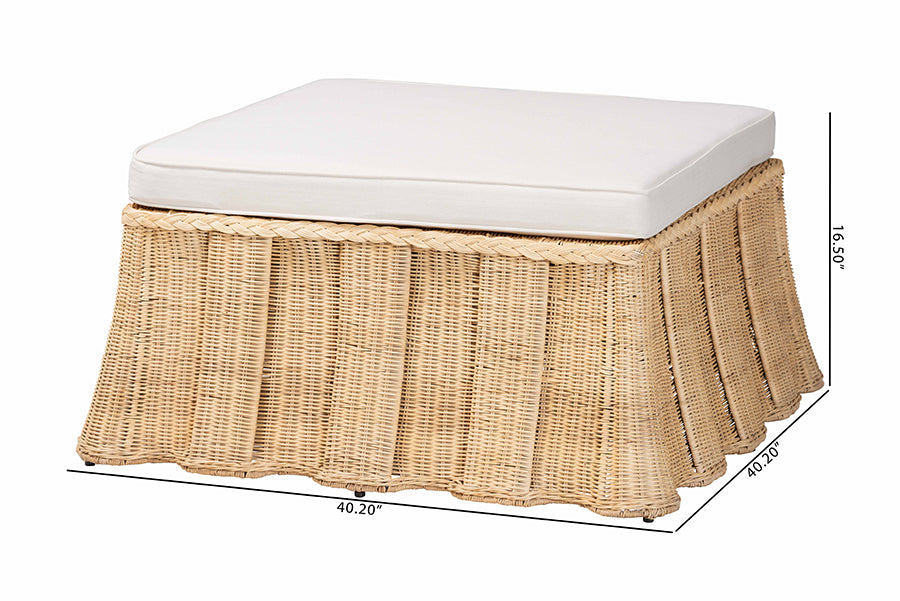 Bali & Pari Rotem Large Natural Rattan Ottoman with Cushion – Handwoven Pleated Skirt Coffee Table or Extra Seating FredCo