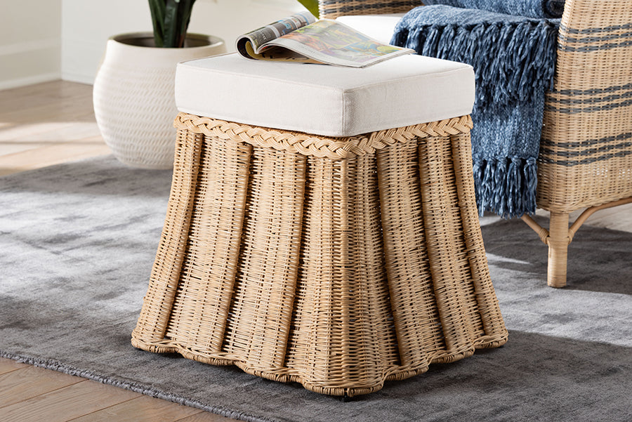 Bali & Pari Rotem Small Natural Rattan Ottoman with Cushion – Handwoven Pleated Skirt Coffee Table or Extra Seating FredCo
