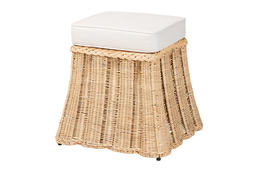 Bali & Pari Rotem Small Natural Rattan Ottoman with Cushion – Handwoven Pleated Skirt Coffee Table or Extra Seating FredCo