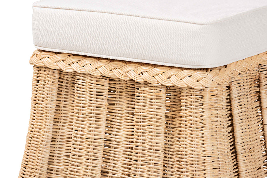 Bali & Pari Rotem Small Natural Rattan Ottoman with Cushion – Handwoven Pleated Skirt Coffee Table or Extra Seating FredCo