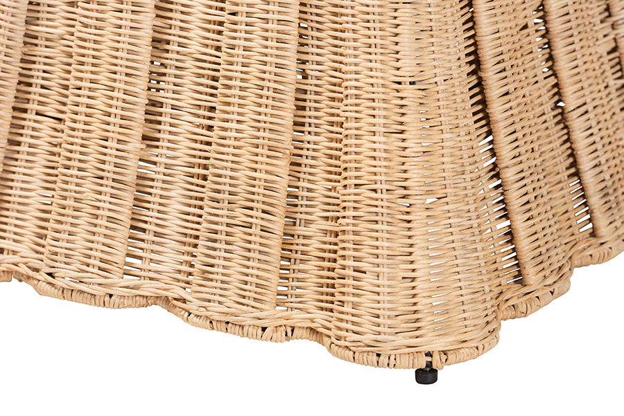 Bali & Pari Rotem Small Natural Rattan Ottoman with Cushion – Handwoven Pleated Skirt Coffee Table or Extra Seating FredCo