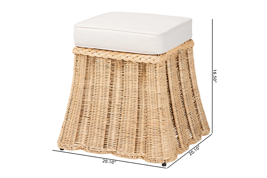 Bali & Pari Rotem Small Natural Rattan Ottoman with Cushion – Handwoven Pleated Skirt Coffee Table or Extra Seating FredCo