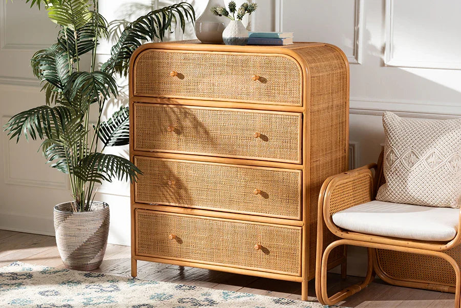 bali & pari Sampit Natural Rattan 4-Drawer Storage Cabinet - Handwoven Cane Displaying Unit with Rounded Frame, Boho Coastal Accent Furniture for Hallway, Living room or Bathroom FredCo